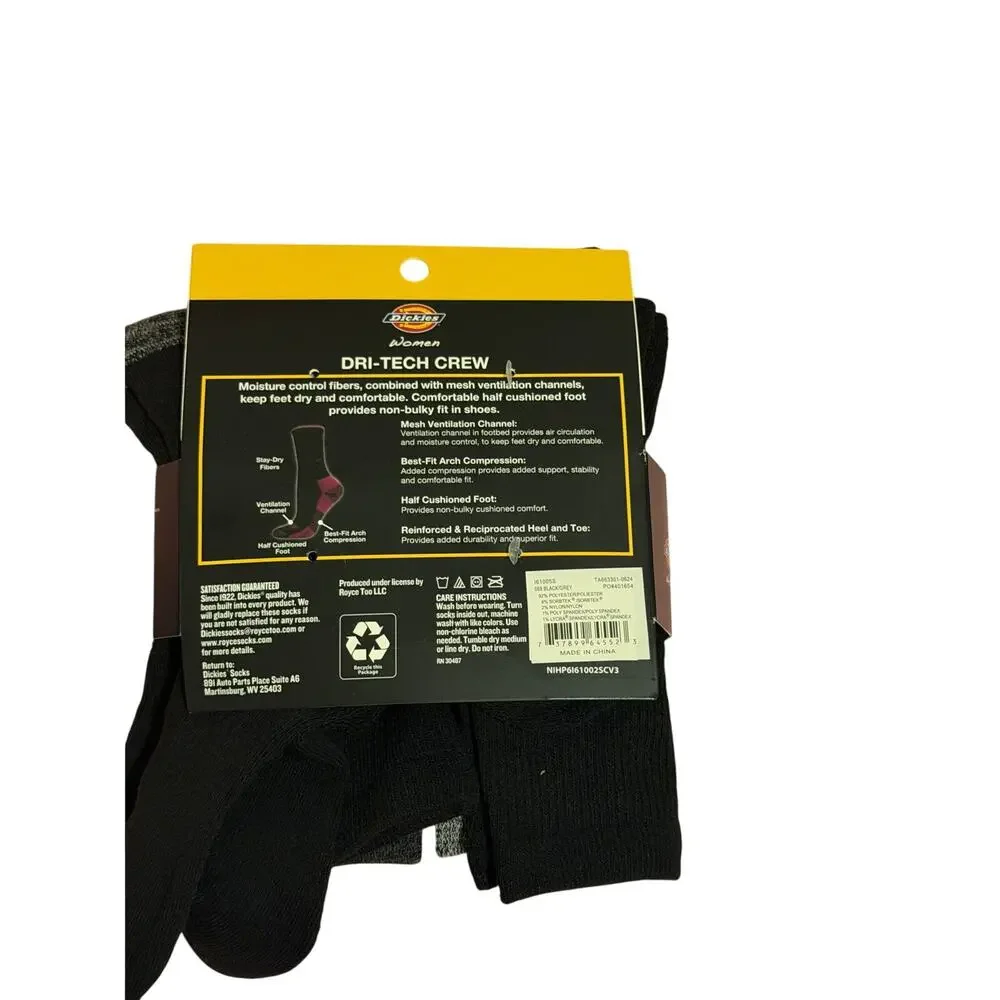 Dickies Women's 4-6 Black Gray Dri Tech Crew All Day Comfort Socks